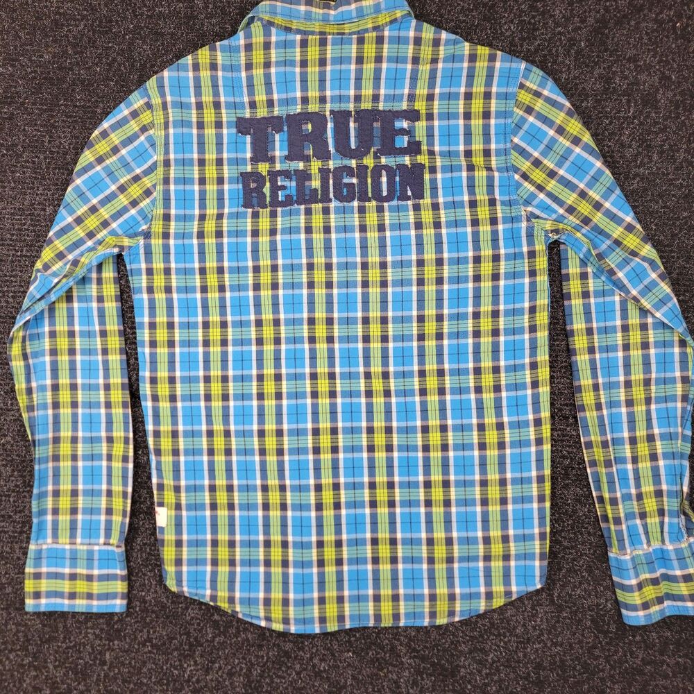 True Religion Y2K Plaid Flannel Button Up Shirt Mens L Horseshoe Pocket Retro